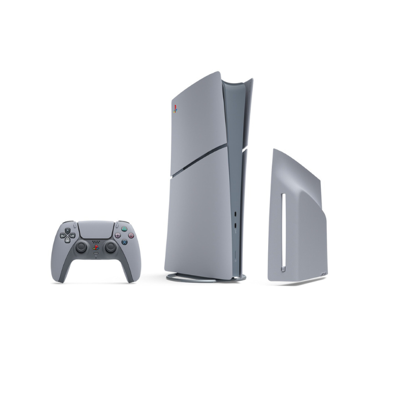 Side view of the 30th Anniversary PS5 Slim console in classic original PlayStation gray with the iconic four-color logo and vertical stand.