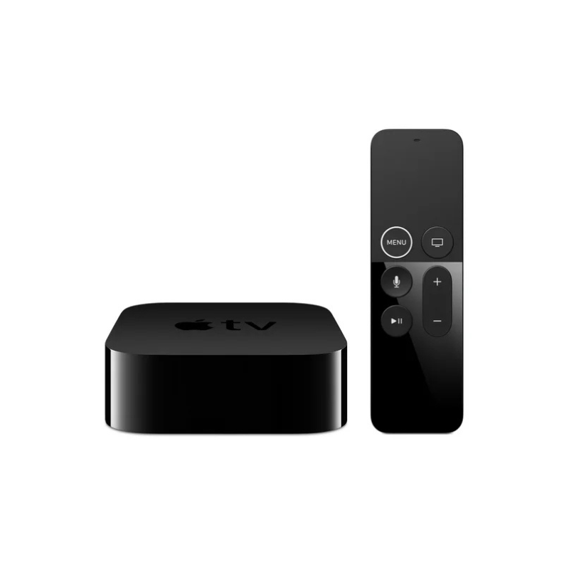 Black Apple TV 4K 4TH Generation and remote control on a white background