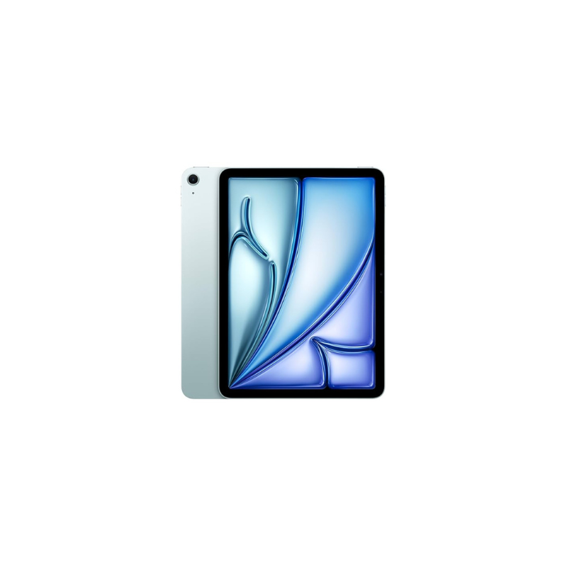 Tablet device with a blue and white design on the screen against a white background