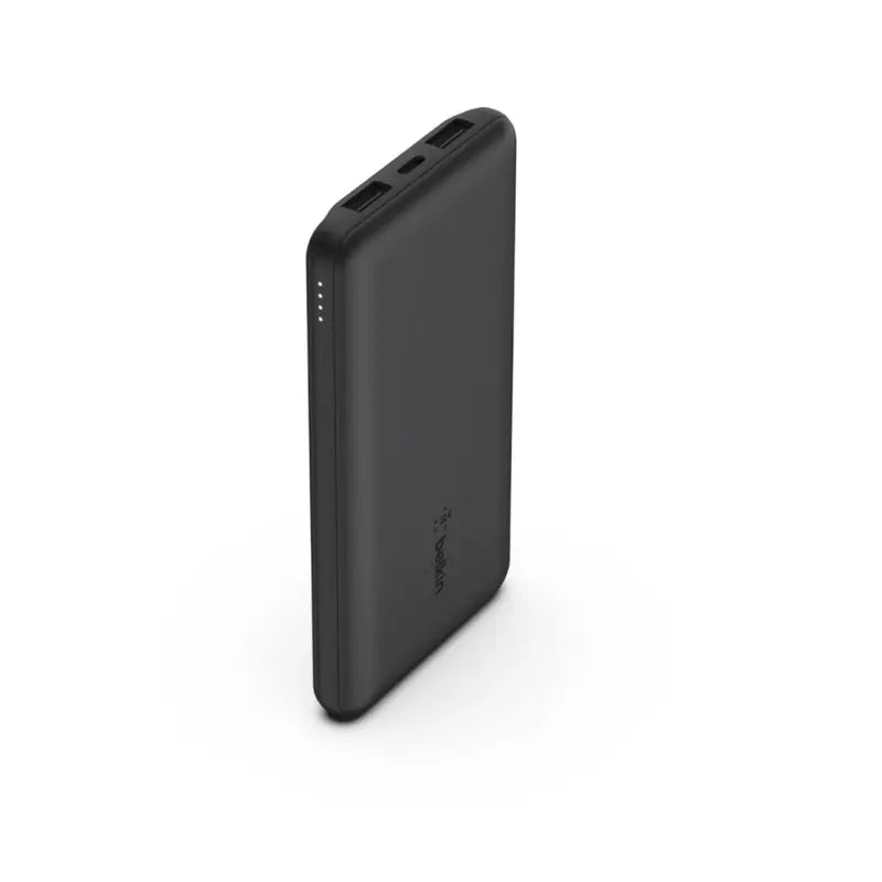 Belkin 10K Power Bank in black with USB-C 15W, dual USB-A ports, and included USB-A to USB-C cable for multi-device charging.