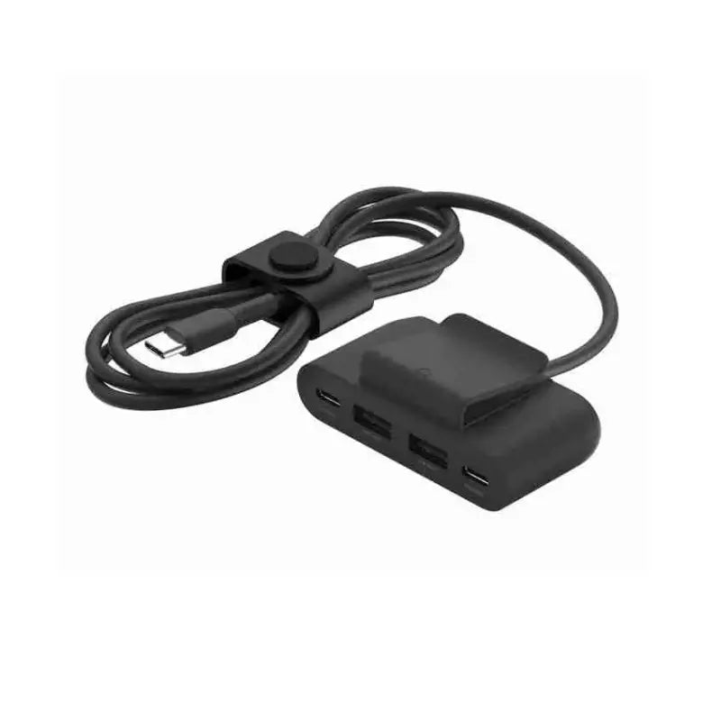 Belkin 4-Port USB Power Extender in black with 2-meter cable, designed for charging multiple USB devices safely and efficiently.