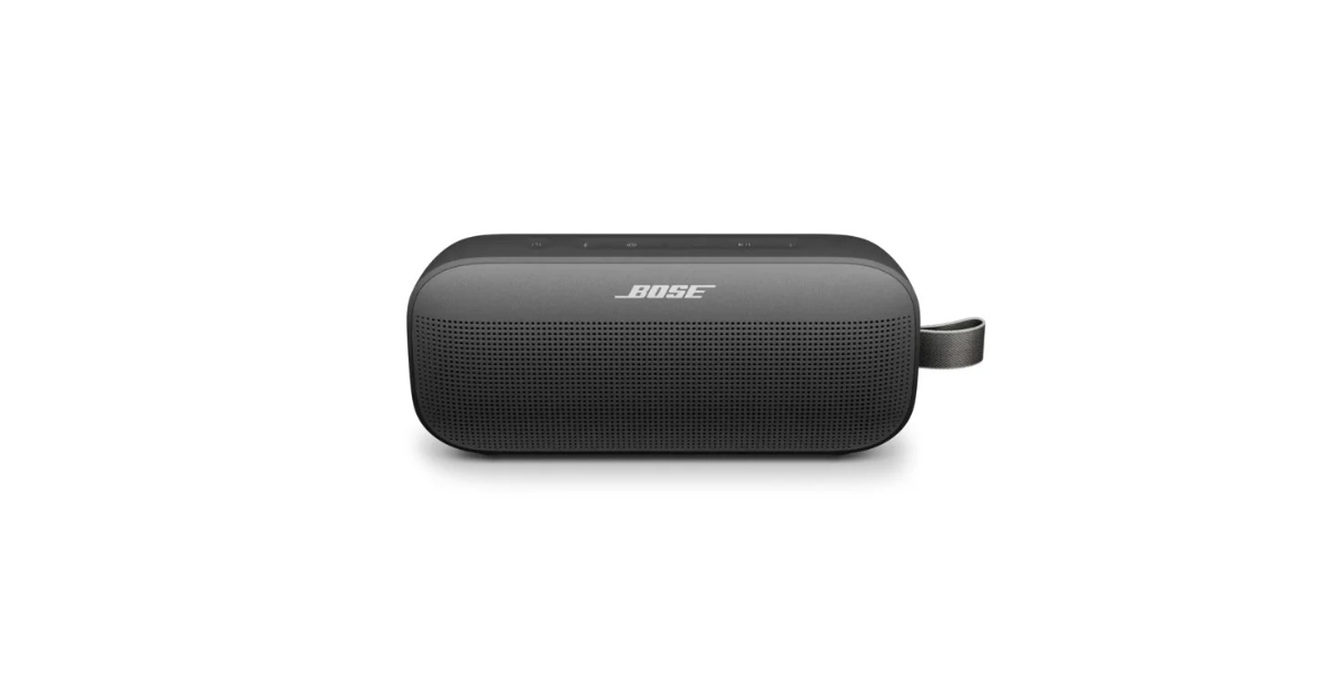 Black Bose SoundLink Flex 2 portable speaker on a white background