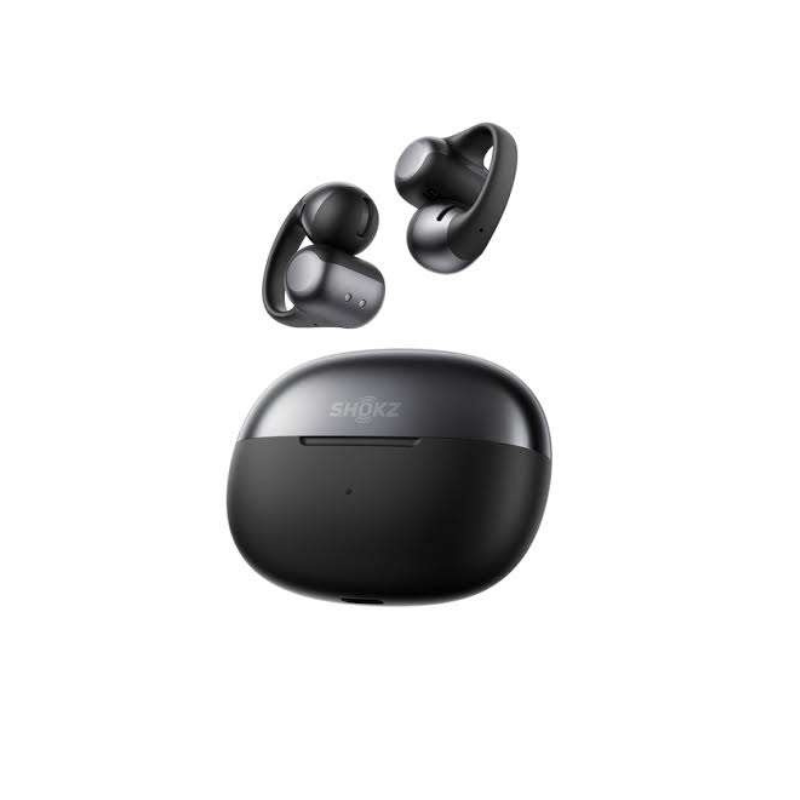 Black SHOKZ OpenDots ONE wireless earbuds with charging case on a white background