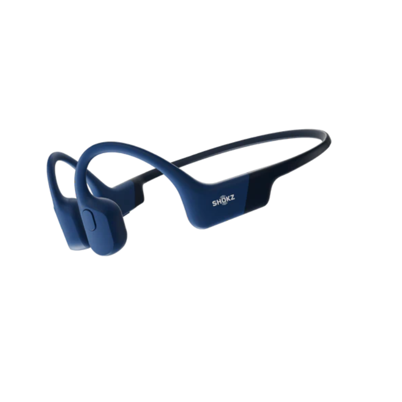Blue wireless Shokz OpenSwim Pro earbuds with Shokz logo on a white background