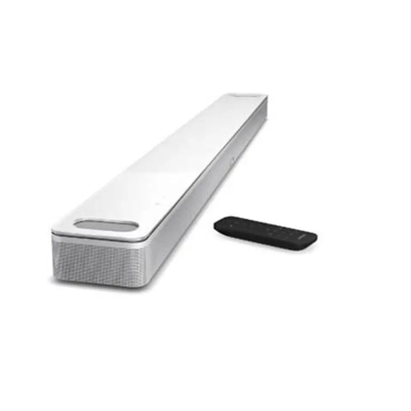 Bose Smart Soundbar 900 front view with premium glass top and metal grille, designed for immersive Dolby Atmos audio in home theater setups

