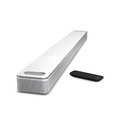 Bose Smart Soundbar 900 front view with premium glass top and metal grille, designed for immersive Dolby Atmos audio in home theater setups

