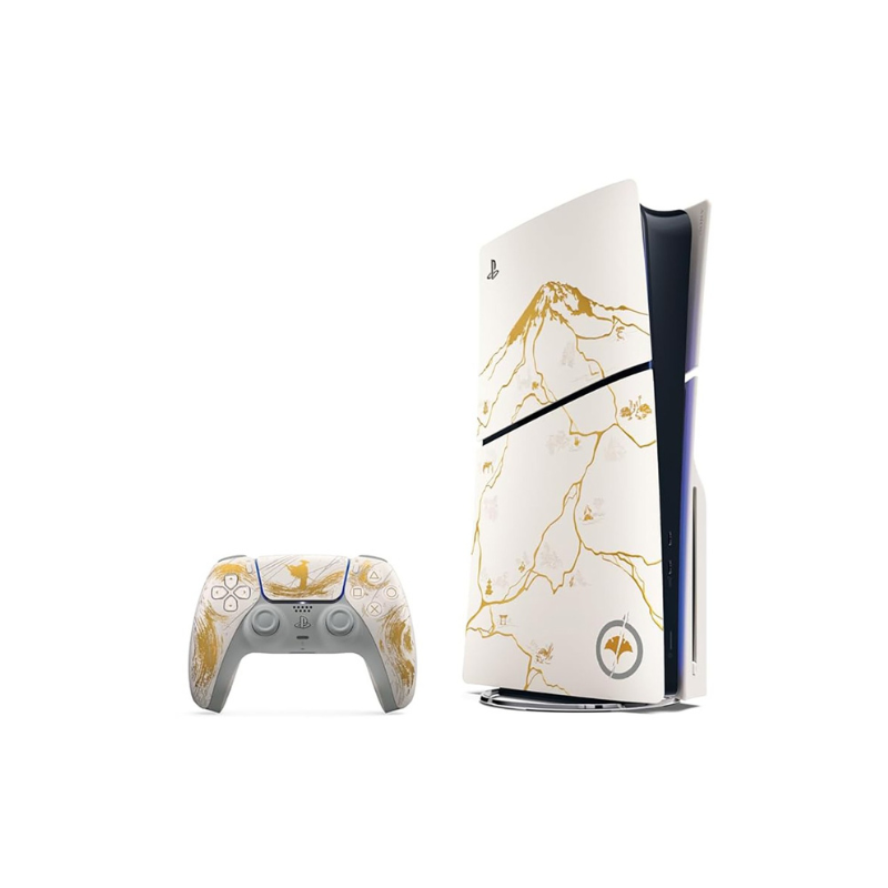 Close-up of PS5 Slim Gold console cover featuring raised golden lines and Mount Yotei artwork
