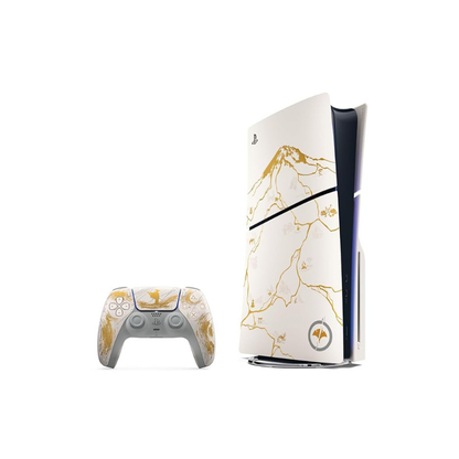 Close-up of PS5 Slim Gold console cover featuring raised golden lines and Mount Yotei artwork