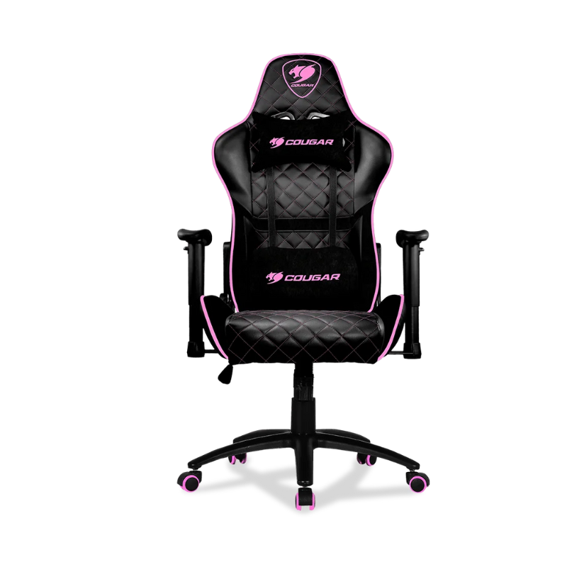 A black Cougar Armor One V2 Elite Gaming Chair-Eva with pink accents, including the armrests and the base of the chair, with the Cougar Armor logo on the backrest.
