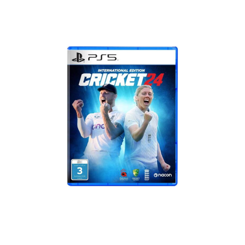 Cricket 24 PS5 cover art featuring star players Pat Cummins and Ben Stokes in action during The Ashes.