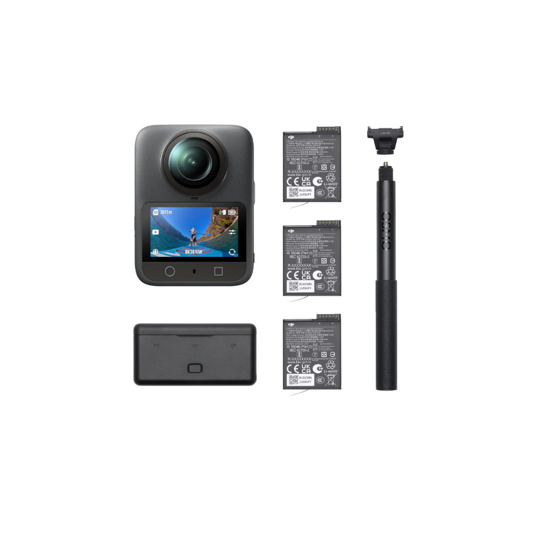 DJI Osmo 360 Adventure Combo kit including camera, three batteries, charging hub, and invisible selfie stick.