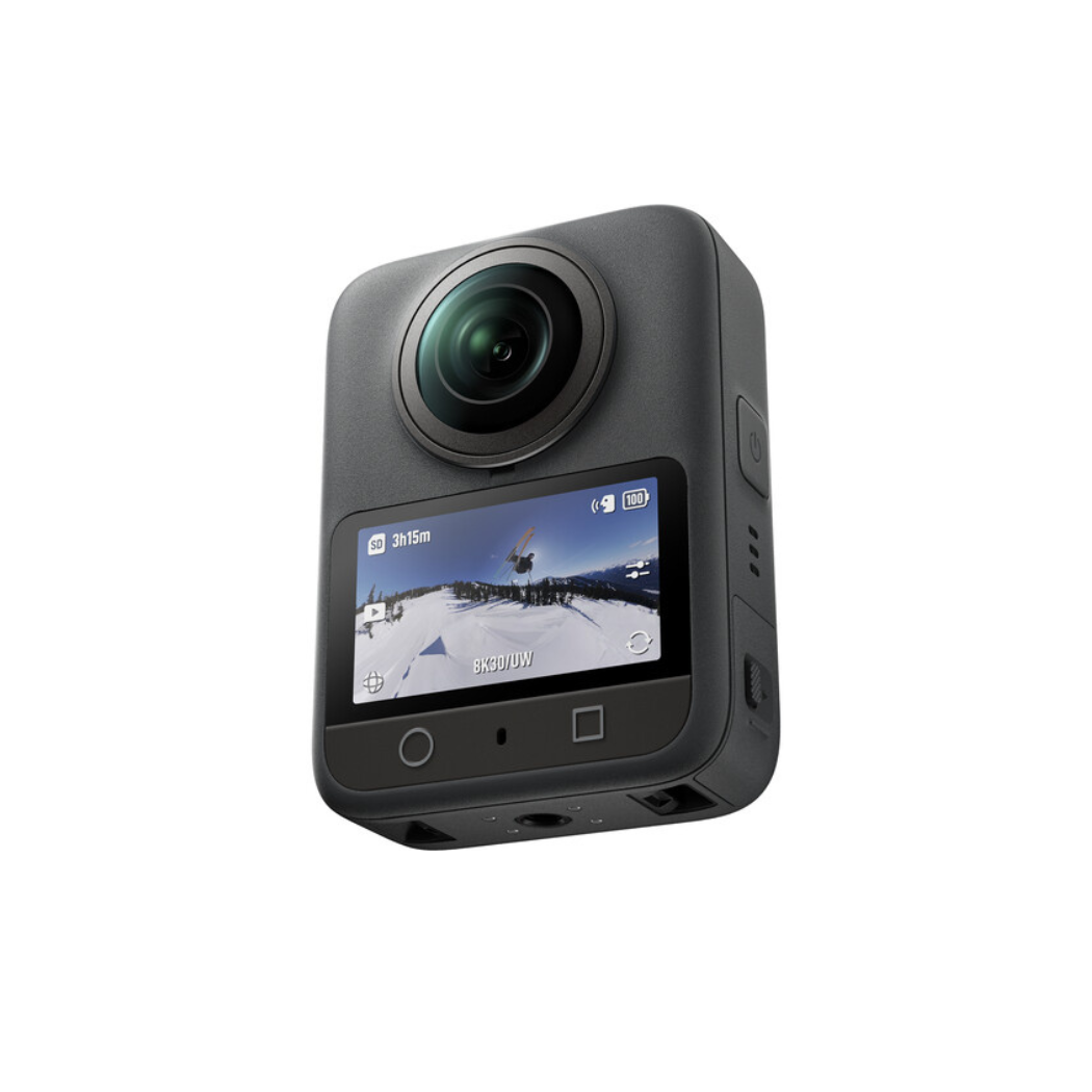 DJI Osmo 360 camera on a tripod overlooking the Nairobi skyline, highlighting its dual 1-inch lenses.