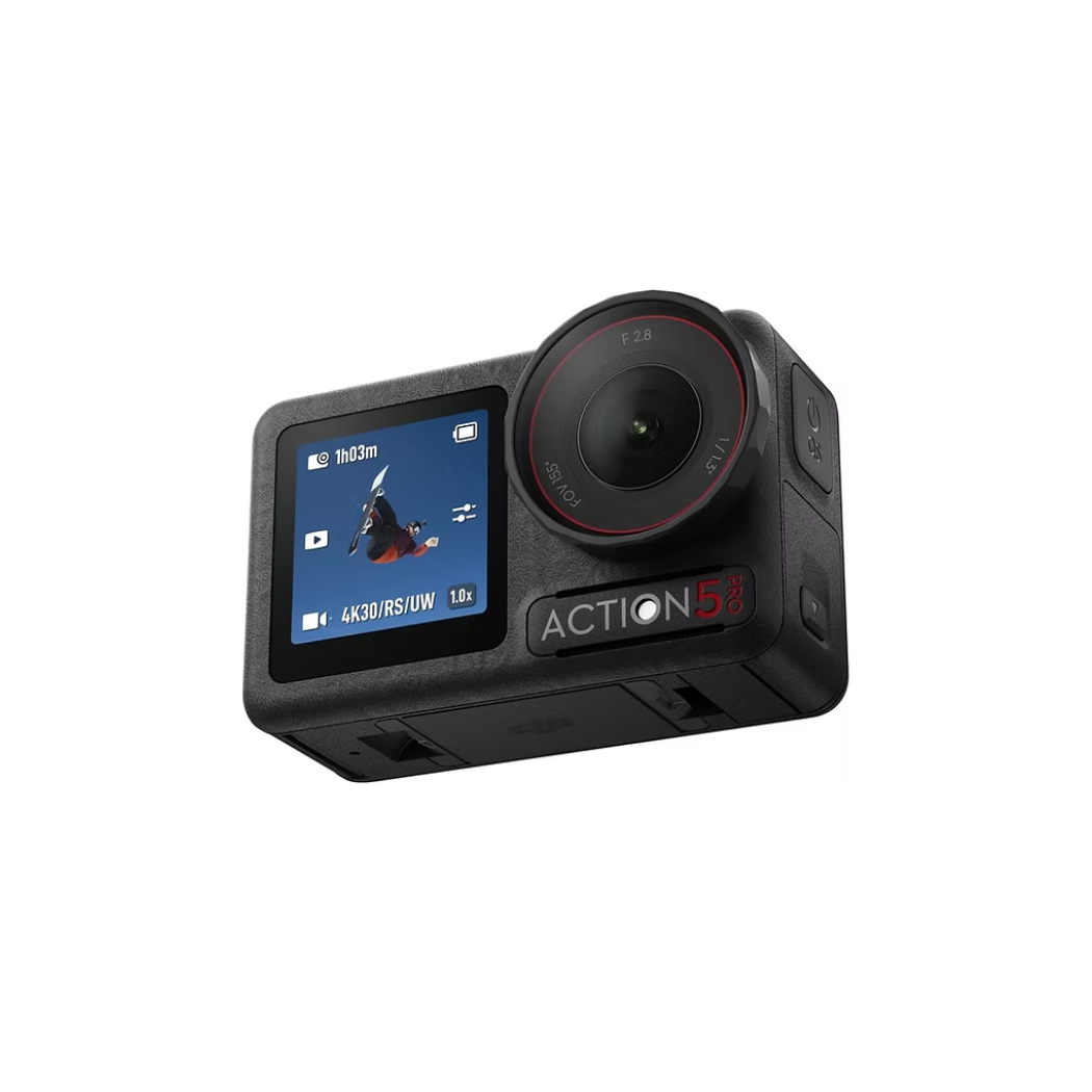 Action camera with display screen on a white background