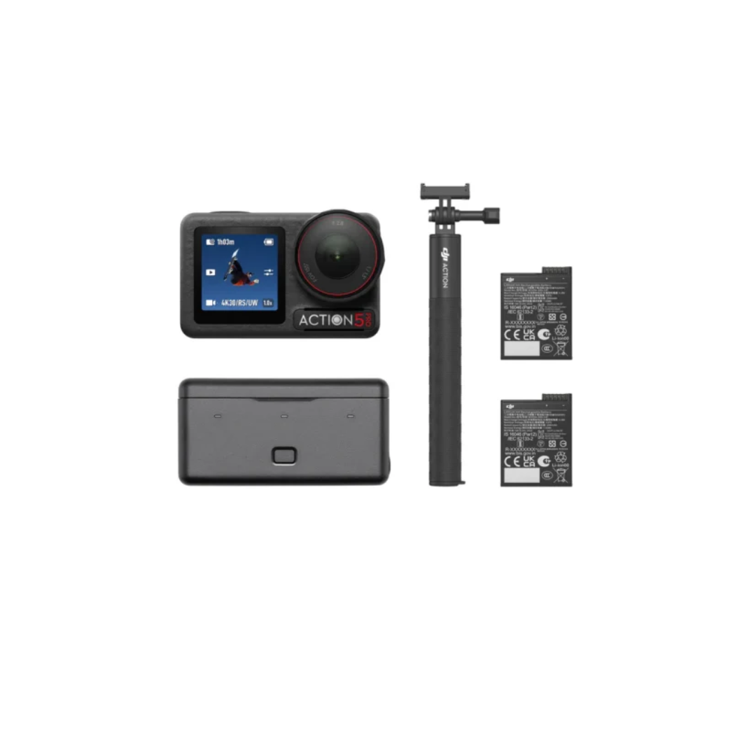 DJI Osmo Action 5 Pro Adventure Combo including camera, 3 extreme batteries, multifunctional charging case, and 1.5m extension rod