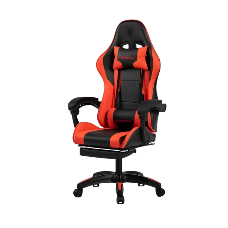 A red and black Deadskull gaming chair with a steel frame and PU leather upholstery, featuring adjustable armrests and a high backrest with an integrated headrest.