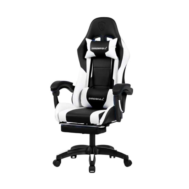 A stylish Deadskull Gaming Chair White and Black with a white and black color scheme, featuring a high backrest with an integrated headrest, armrests, and a metal base with caster wheels.