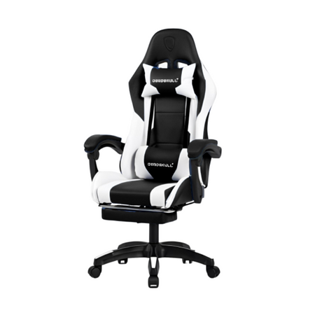 A stylish Deadskull Gaming Chair White and Black with a white and black color scheme, featuring a high backrest with an integrated headrest, armrests, and a metal base with caster wheels.