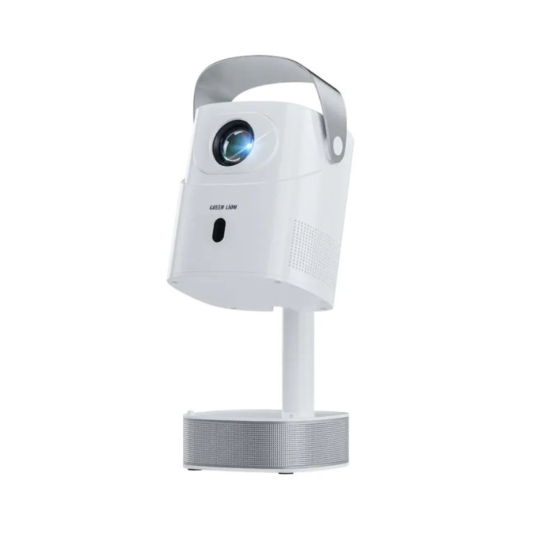 Green Lion Pluto Portable Projector with compact design and wireless streaming capability on a tabletop setup
