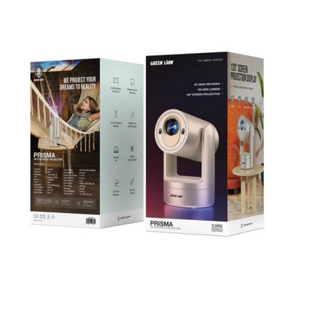 Green Lion Prisma Portable Projector with minimalist design and smart projection features on a modern surface