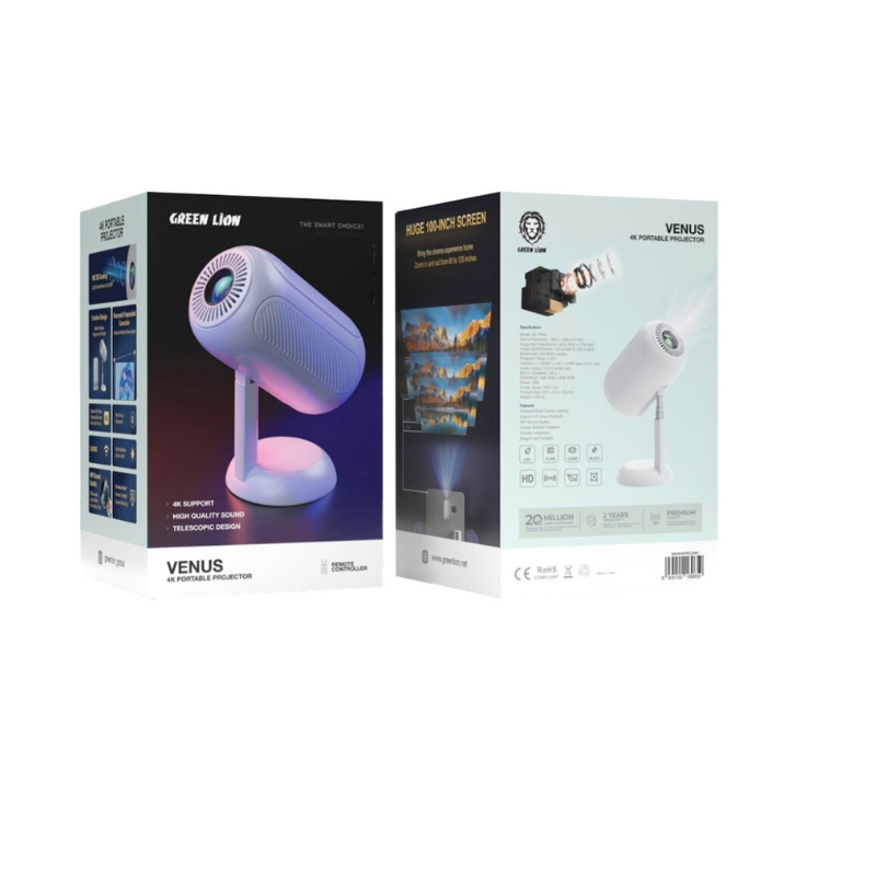 Green Lion Venus 4K Portable Projector with wireless connectivity and built-in speakers, displayed on a desk