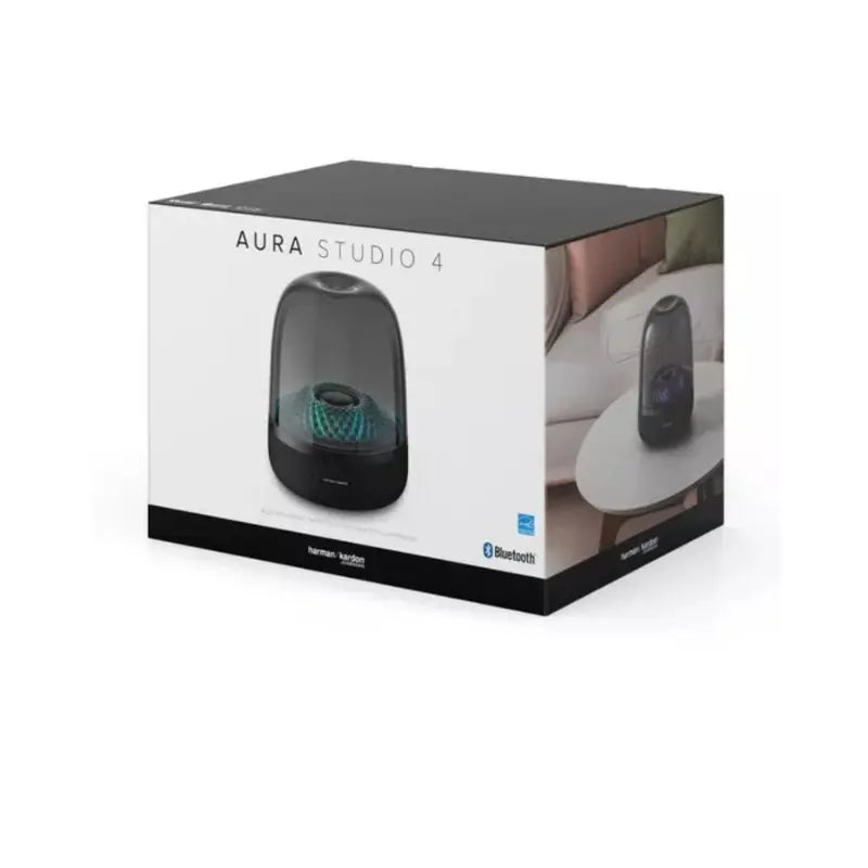 A display of the Harman Kardon Aura Studio 4 in a box.