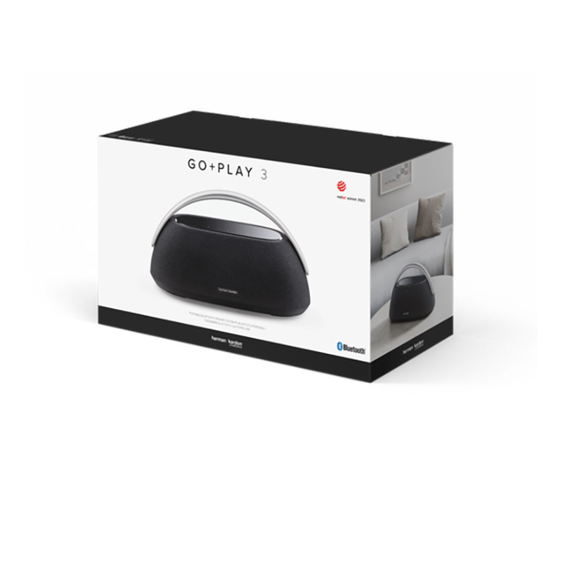 A display of the Harman Kardon Go + Play 3 speaker in a box.