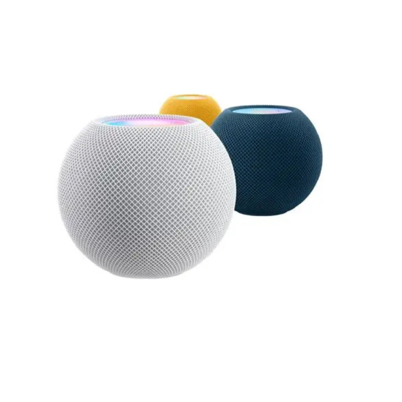 Three HomePod mini 2 smart speakers in white, yellow, and blue on a white background