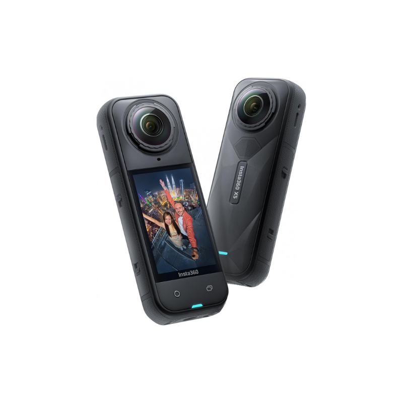 360-degree Insta360 X5 360° 8K Action Camera with screen displaying a cityscape on a white background