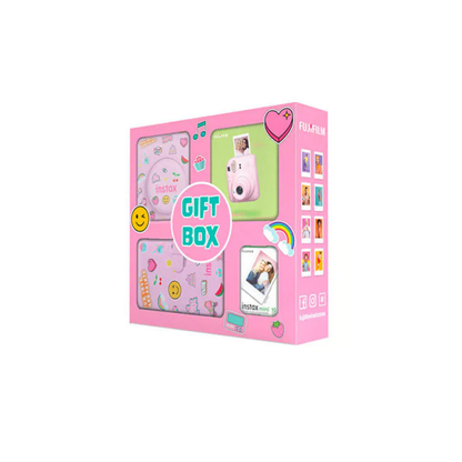 Pink gift box with a Fujifilm Instax camera and accessories on a white background