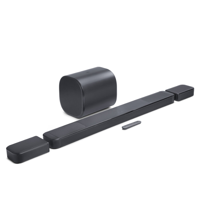 JBL Bar 1300MK2 soundbar system with detachable rear speakers and the new dual-driver wireless subwoofer in a modern living room setup