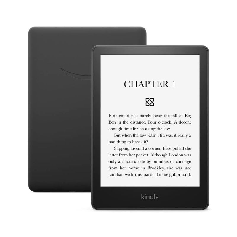 Amazon Kindle Paperwhite 11th Generation e-reader, featuring a black color casing, displayed from the front and back view.