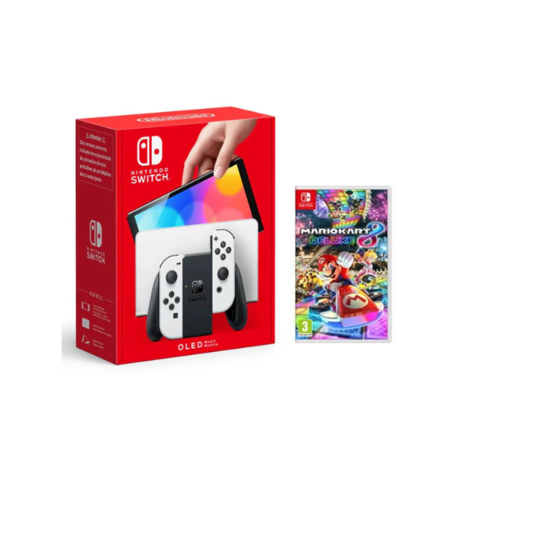 Nintendo Switch packaging with a hand holding the console and Joy-Con, and a Mario Kart game case on a white background.