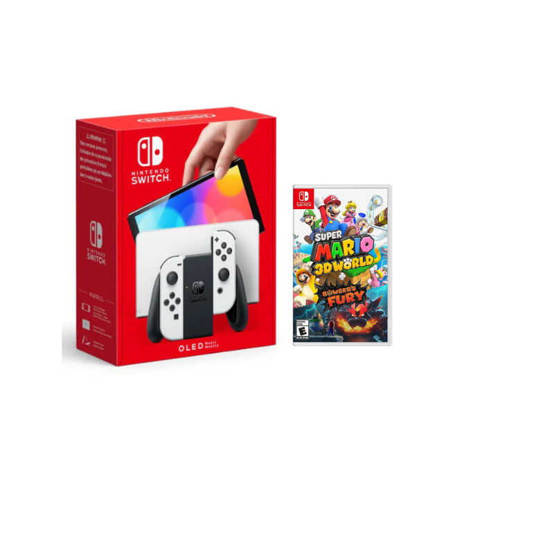 Nintendo Switch packaging with a hand holding the console and 'Super Mario 3D World + Bowser's Fury' game case on a white background.