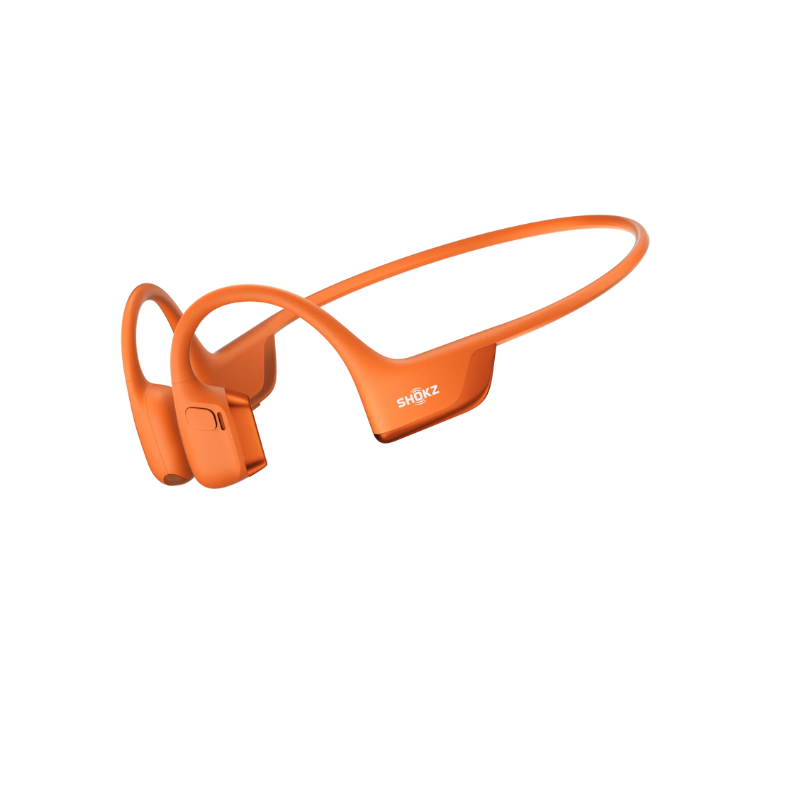 Orange Shokz OpenRun Pro 2 wireless earbuds on a white background