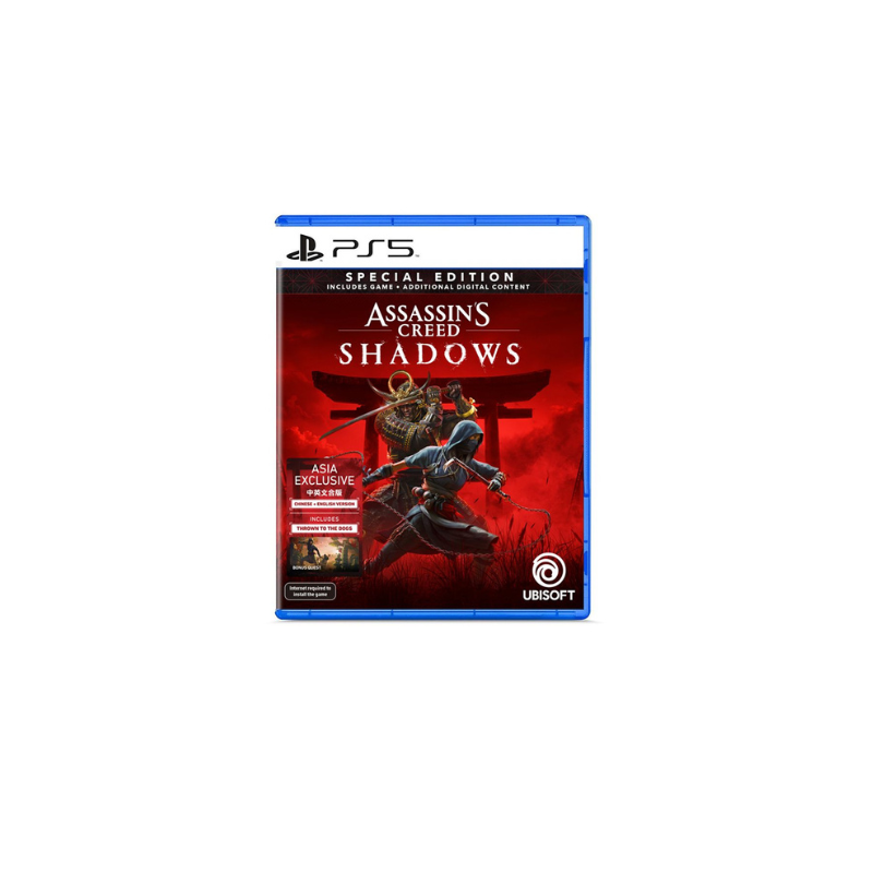 Assassin’s Creed Shadows PS5 Box Art featuring Naoe the Shinobi and Yasuke the Samurai against a backdrop of Feudal Japanese architecture.