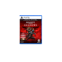 Assassin’s Creed Shadows PS5 Box Art featuring Naoe the Shinobi and Yasuke the Samurai against a backdrop of Feudal Japanese architecture.