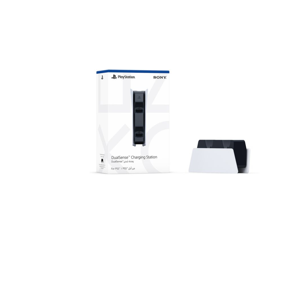 A PS5 Controller Charging Station with a sleek white design, featuring two controller docks and LED light indicators. The product is displayed next to its packaging box labeled 'DualSense Charging Station'.