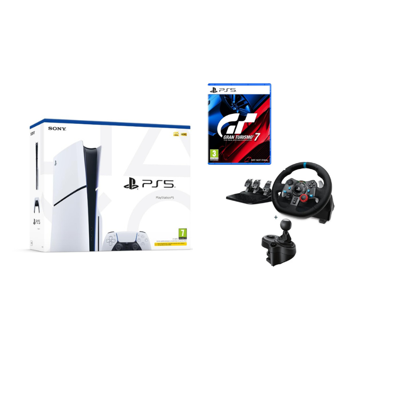 PlayStation 5 console, Gran Turismo 7 game, and Logitech G29 steering wheel on a white background