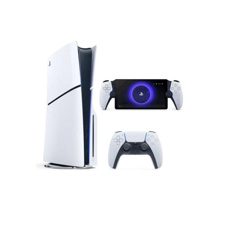  PS5 Slim Disc Edition + PlayStation Portal Remote Player on a white background