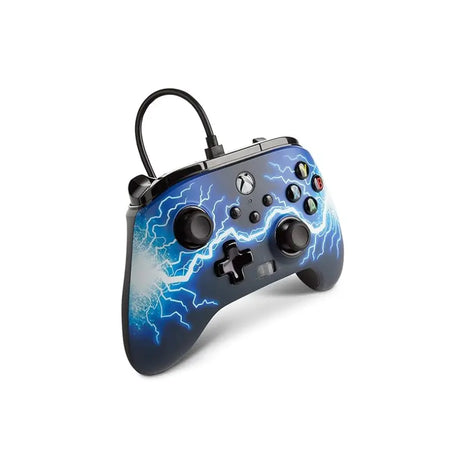 PowerA Enhanced Wired Gaming Controller with blue lightning design on a white background