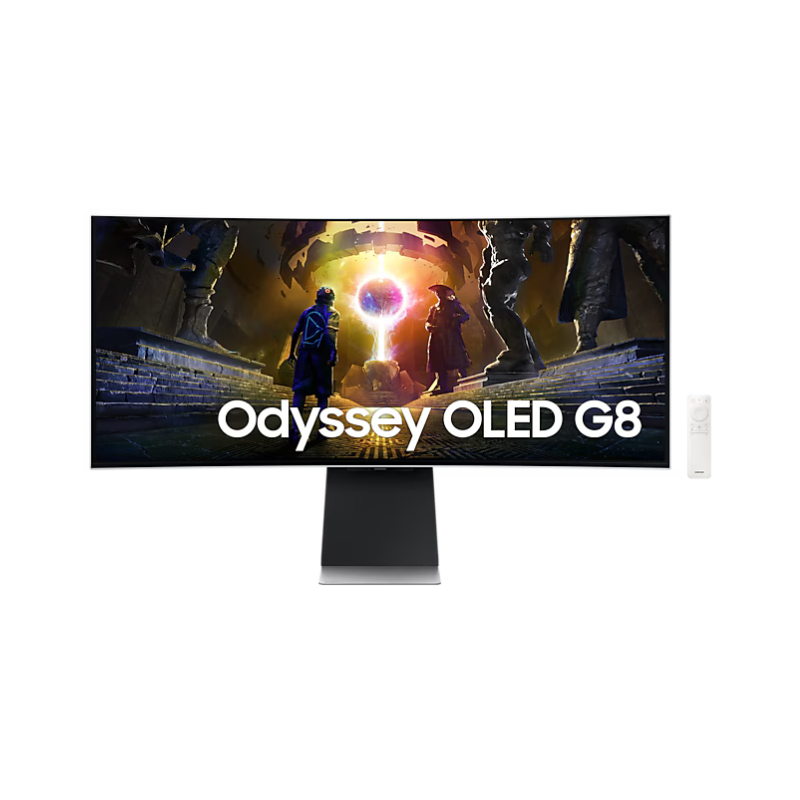 Samsung Odyssey OLED G8 monitor displaying a game scene with characters and text.