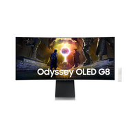 Samsung Odyssey OLED G8 monitor displaying a game scene with characters and text.