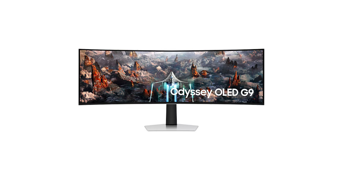 Samsung Odyssey OLED G9 monitor displaying a game scene on a white background