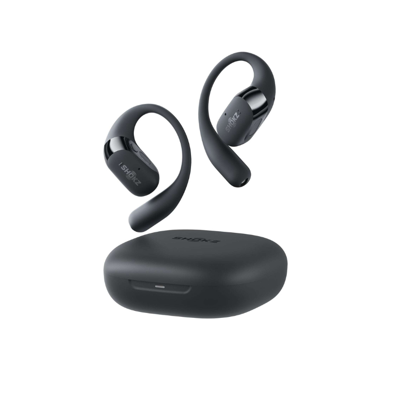 Black Shokz OpenFit 2 wireless earbuds with charging case on a white background