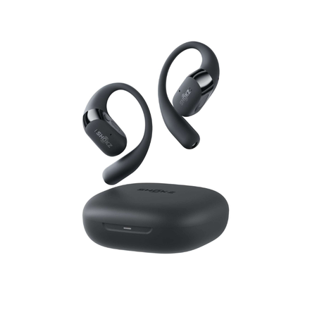 Black Shokz OpenFit 2 wireless earbuds with charging case on a white background