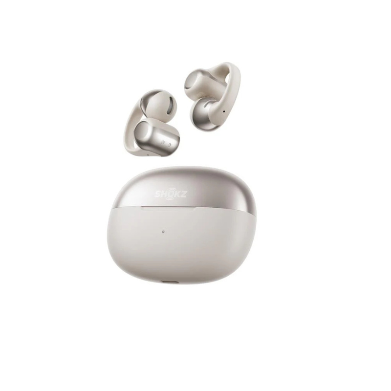 Shokz OpenDots ONE earbuds with charging case on a white background