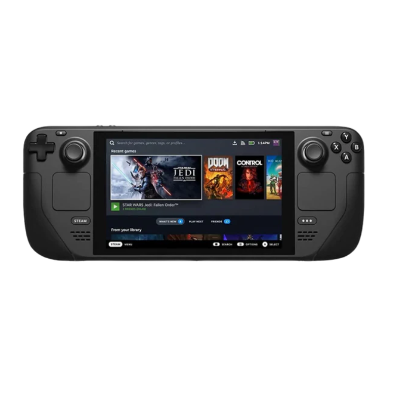 Black handheld Steam Deck OLED
 gaming console with screen displaying game titles on a white background
