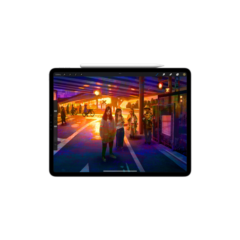 Tablet displaying a vibrant city street scene on its screen