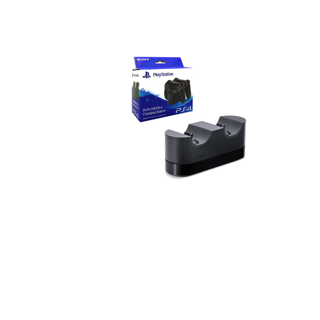 A black PS4 Dual Charging Dock with a blue packaging in the background, indicating it is a Sony product designed to charge two PS4 controllers.