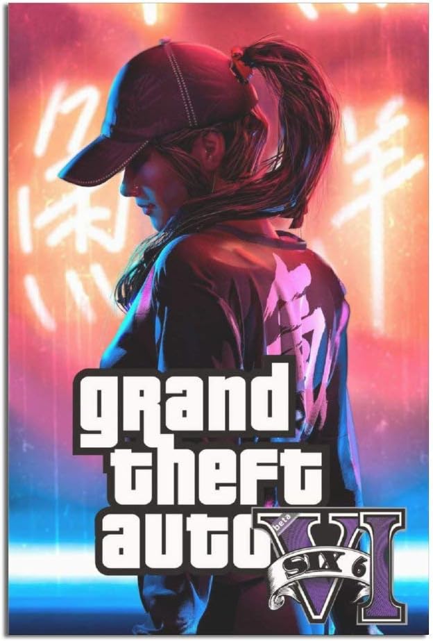 Promotional poster for 'Grand Theft Auto VI' with a stylized character and vibrant background.